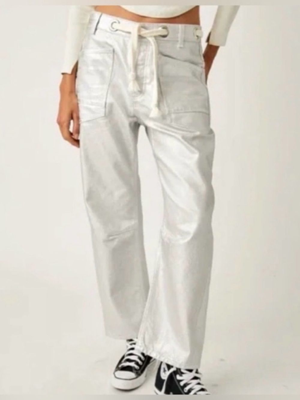 We The Free FREE PEOPLE moxie metallic low slung barrel jeans in silver